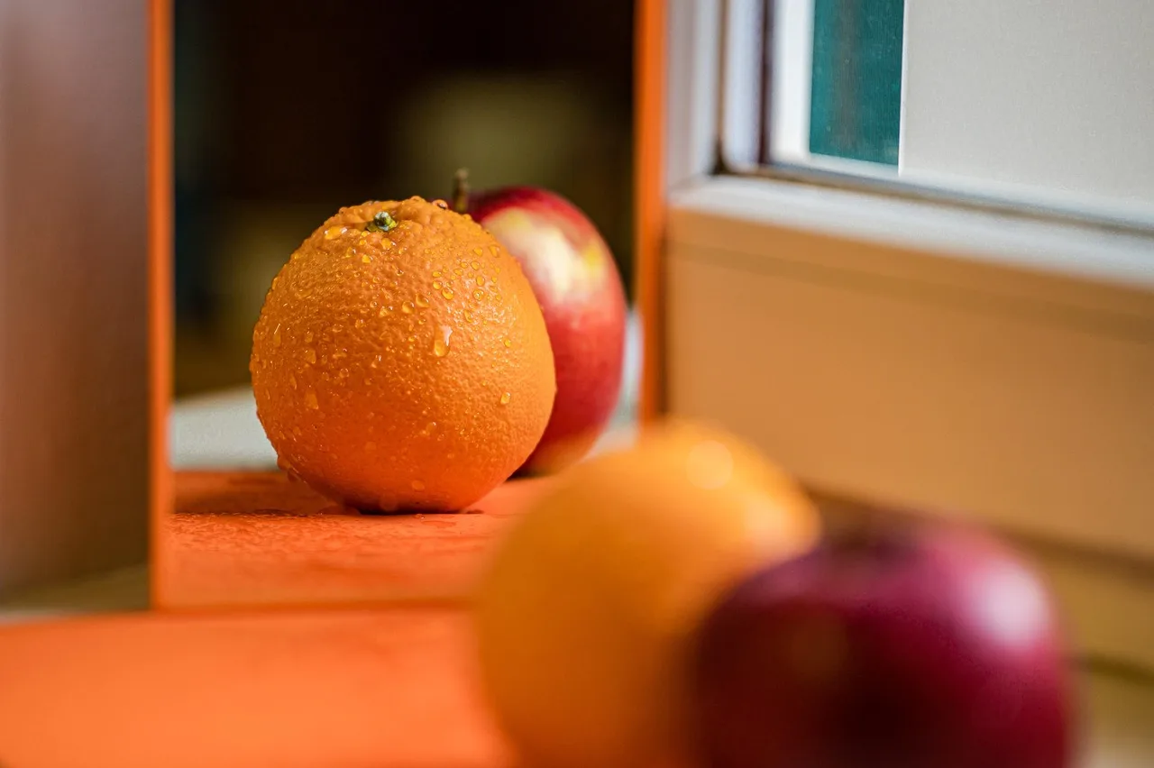 spejle, orange, afspejling, æble, stilleben, installation, frugt