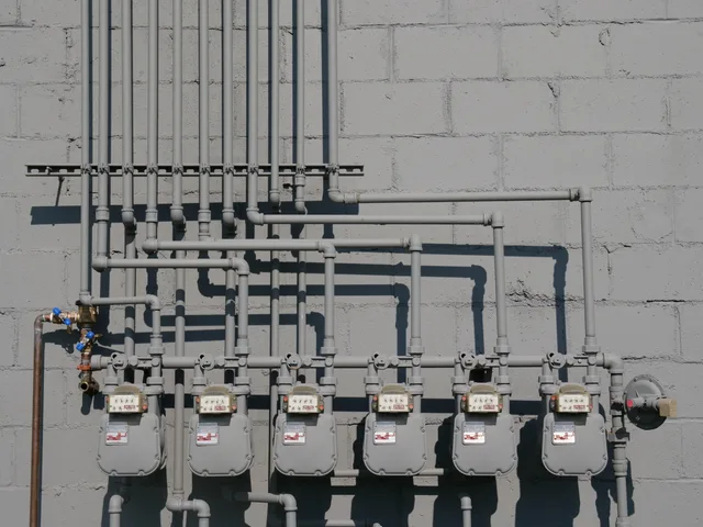 Row of gas meters and piping mounted on a concrete wall, illustrating urban utilities. Hvornår skal en VVS-installatør være autoriseret?